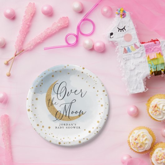 月の上で、金ゴールドグリッターブルーベビーシャワー ペーパープレート (パーティー)
