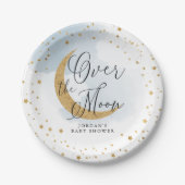 月の上で、金ゴールドグリッターブルーベビーシャワー ペーパープレート (正面)