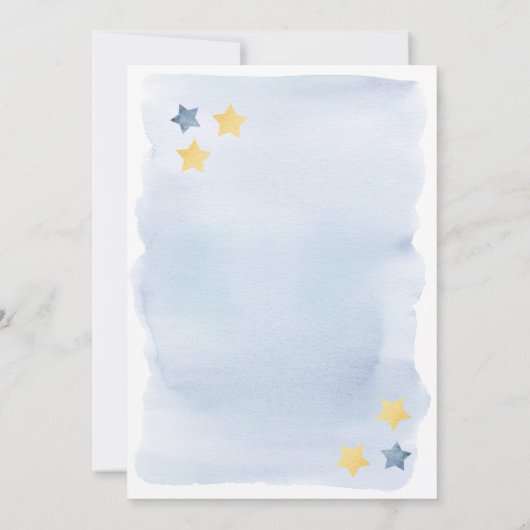 月の上で、青い水色の赤ちゃんシャワー 招待状 (裏面)