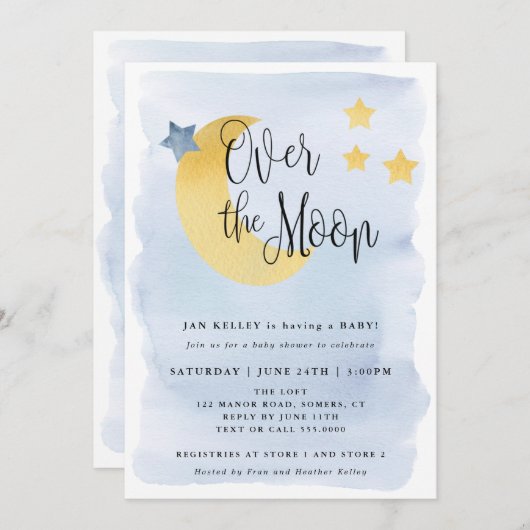 月の上で、青い水色の赤ちゃんシャワー 招待状 (正面/裏面)