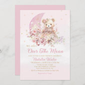 月の上でBohoテディベアガールベビーシャワー 招待状 (正面/裏面)