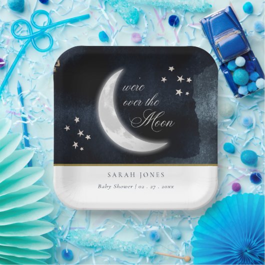 月の上にかわいいネイビー白熱［赤熱］光を放つベイビーシャワー ペーパープレート (パーティー)