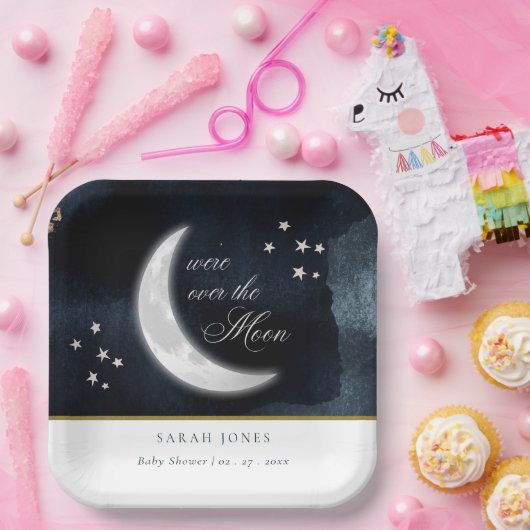月の上にかわいいネイビー白熱［赤熱］光を放つベイビーシャワー ペーパープレート (パーティー)