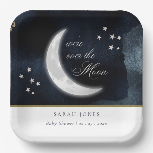 月の上にかわいいネイビー白熱［赤熱］光を放つベイビーシャワー ペーパープレート (正面)