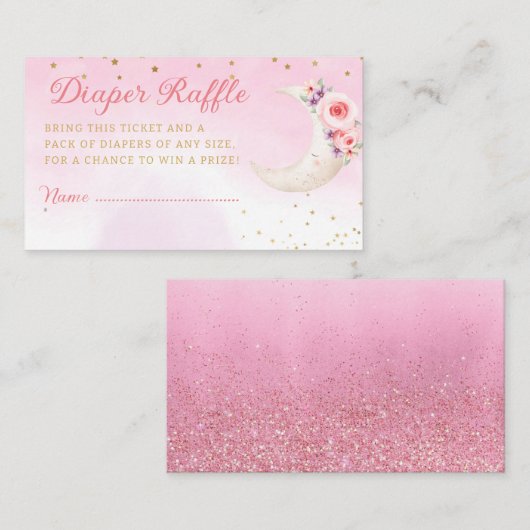 月の上にかわいいピンク赤ちゃんシャワーおむつラッフル エンクロージャーカード (正面/裏面)