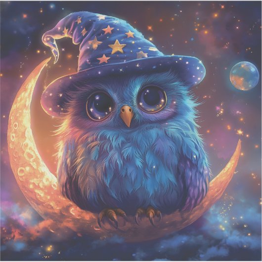 月の上にかわいいフクロウのウィザード:魔法のファンタジーアート シール (正面)