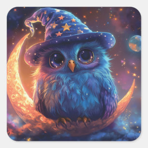 月の上にかわいいフクロウのウィザード:魔法のファンタジーアート スクエアシール