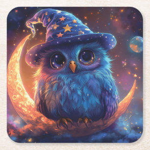 月の上にかわいいフクロウのウィザード:魔法のファンタジーアート スクエアペーパーコースター