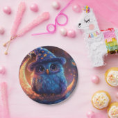 月の上にかわいいフクロウのウィザード:魔法のファンタジーアート ペーパープレート (パーティー)