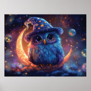 月の上にかわいいフクロウのウィザード:魔法のファンタジーアート ポスター