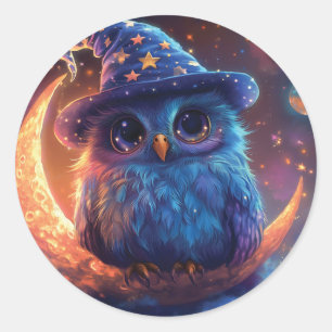 月の上にかわいいフクロウのウィザード:魔法のファンタジーアート ラウンドシール