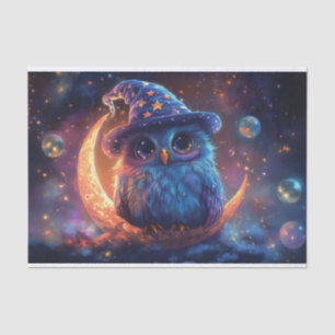 月の上にかわいいフクロウのウィザード：魔法のファンタジーアート 薄葉紙