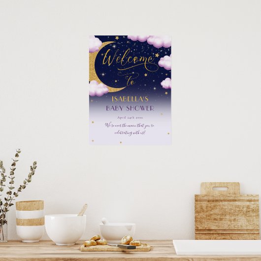 月の上にかわいい女の子の赤ちゃんシャワーへようこそ ポスター (キッチン)