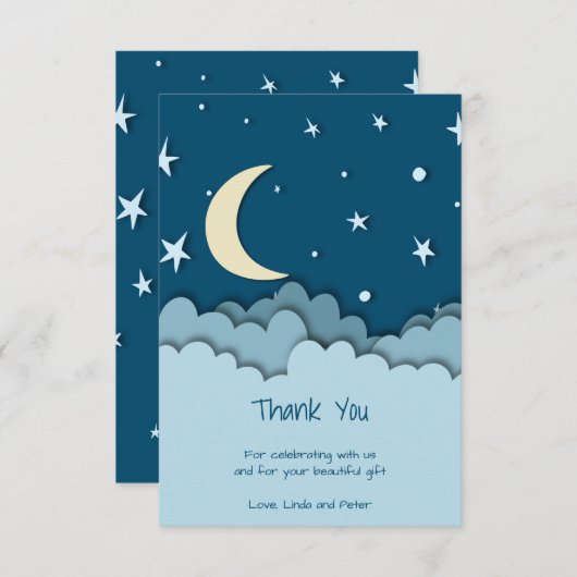 月の上にかわいい濃い青ありがとう赤ちゃんシャワー サンキューカード (正面/裏面)