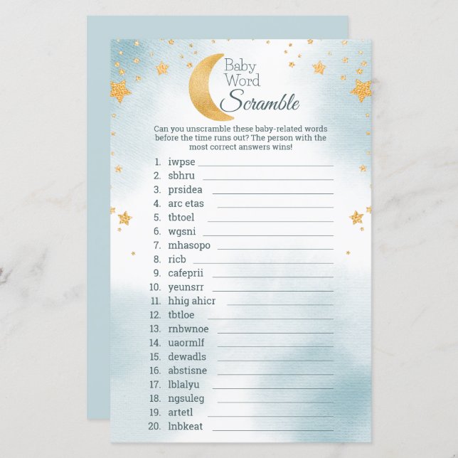 月の上にかわいい赤ちゃんシャワー単語スクランブルゲーム (正面/裏面)