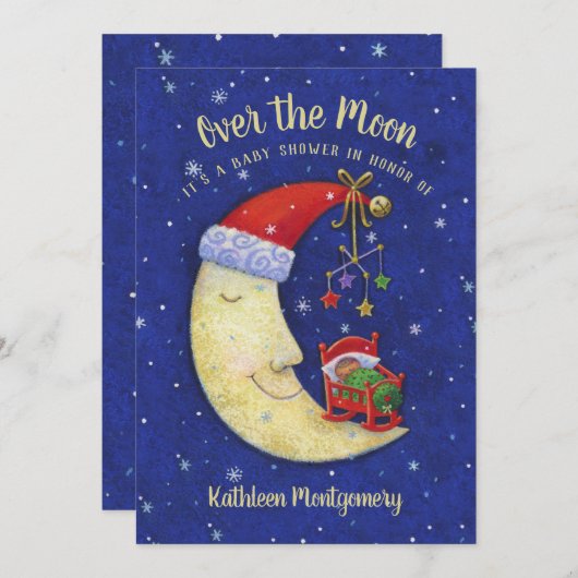 月の上にクリスマスに赤ちゃんが降り注ぐ 招待状 (正面/裏面)