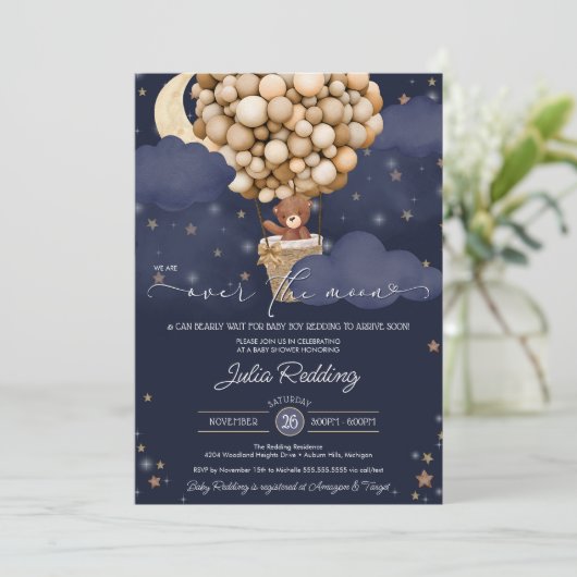 月の上にテディベア気球ベビーシャワー 招待状 (スタンド正面)