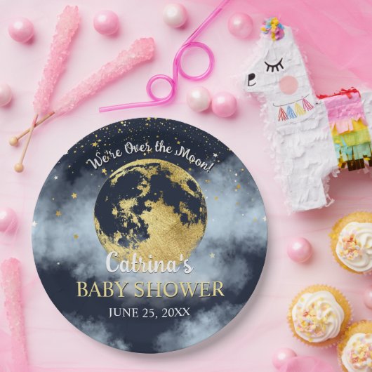 月の上にネイビーブルーと星の赤ちゃんシャワー ペーパープレート (パーティー)