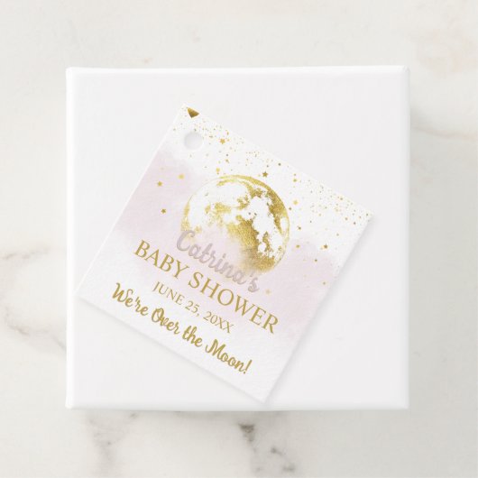 月の上にピンクの天体と星の赤ちゃんシャワー フェイバータグ (インサイチュ)
