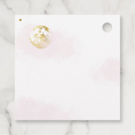 月の上にピンクの天体と星の赤ちゃんシャワー フェイバータグ (裏面)