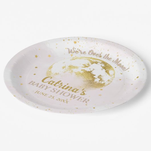 月の上にピンクの天体と星の赤ちゃんシャワー ペーパープレート (アングル)
