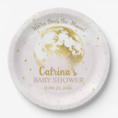 月の上にピンクの天体と星の赤ちゃんシャワー ペーパープレート (正面)