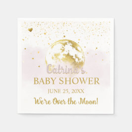 月の上にピンク色と星の天の赤ちゃんシャワー スタンダードカクテルナプキン