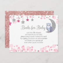 月の上にフクロウのピンクの赤ちゃんシャワー本はがき