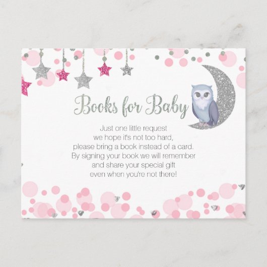 月の上にフクロウのピンクの赤ちゃんシャワー本はがき ポストカード (正面)