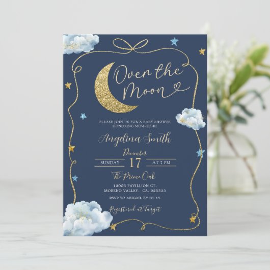 月の上にベビーシャワーの手を弓で描く 招待状 (スタンド正面)