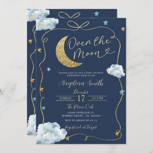 月の上にベビーシャワーの手を弓で描く 招待状 (正面/裏面)