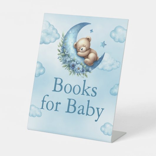 月の上にベビーテディベアのための本 台座サイン (正面)