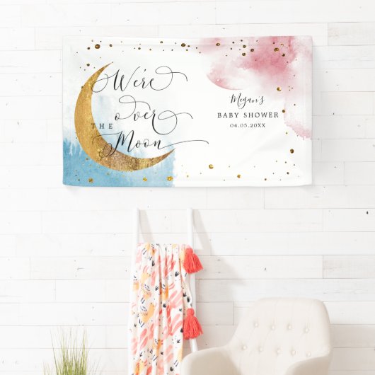 月の上に夢想的な青とピンクの赤ちゃんシャワー 横断幕 (インサイチュ)