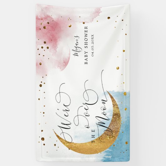 月の上に夢想的な青とピンクの赤ちゃんシャワー 横断幕 (縦)