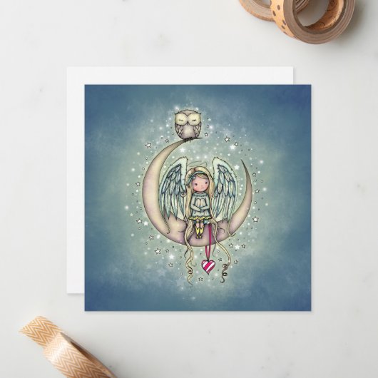 月の上に座るかわいい天使とフクロウのカードセット ノートカード (正面/裏面インサイチュ)