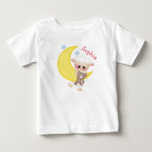 月の上に座るかわいい羊のモノグラム ベビーTシャツ (正面)