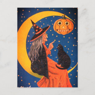 月の上に座るハロウィーンの魔女ヴィンテージ シーズンポストカード