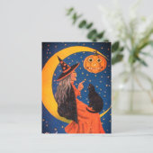 月の上に座るハロウィーンの魔女ヴィンテージ シーズンポストカード (スタンド正面)