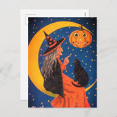 月の上に座るハロウィーンの魔女ヴィンテージ シーズンポストカード (正面/裏面)