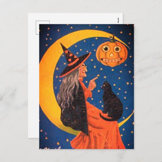 月の上に座るハロウィーンの魔女ヴィンテージ シーズンポストカード (正面/裏面)