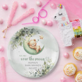 月の上に水色の緑のテディベア ペーパープレート (パーティー)