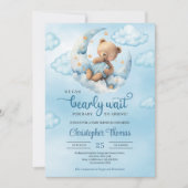 月の上に水色の青と茶色のテディベア 招待状 (正面)