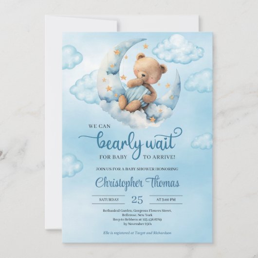 月の上に水色の青と茶色のテディベア 招待状 (正面)