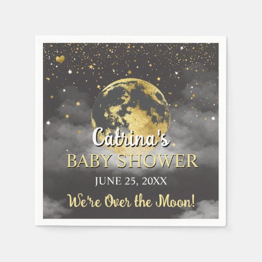 月の上に濃い灰色と星の赤ちゃんシャワー スタンダードカクテルナプキン (正面)