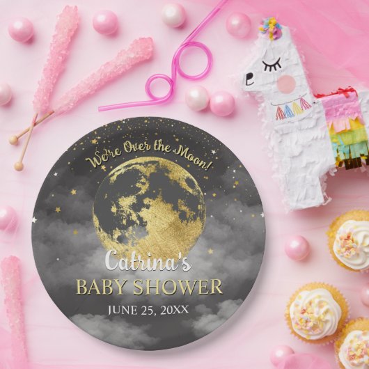 月の上に灰色の天体と星の赤ちゃんシャワー ペーパープレート (パーティー)