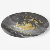 月の上に灰色の天体と星の赤ちゃんシャワー ペーパープレート (アングル)