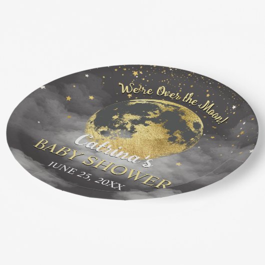 月の上に灰色の天体と星の赤ちゃんシャワー ペーパープレート (アングル)