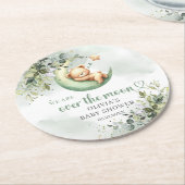 月の上に緑のテディベア ラウンドペーパーコースター (アングル)