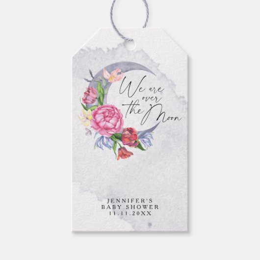 月の上に花の赤ちゃんシャワー ギフトタグ (正面)