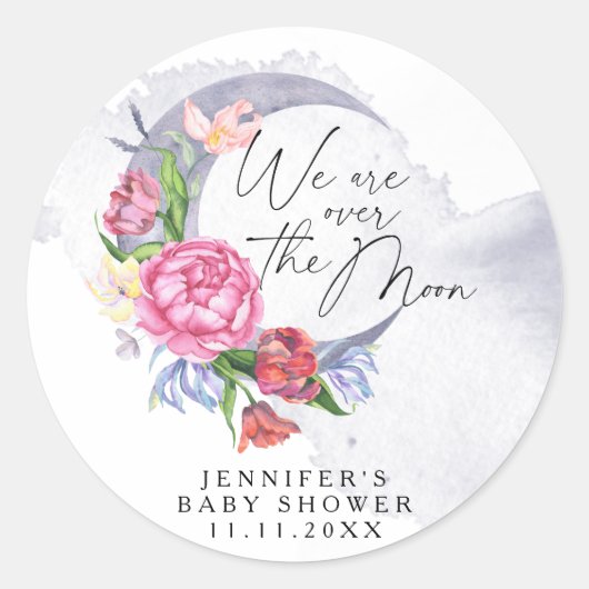月の上に花の赤ちゃんシャワー ラウンドシール (正面)
